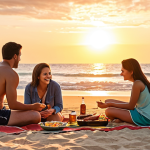 ** A serene beach picnic scene at sunset, showcasing a family enjoying a simple BBQ. Volleyball is being played in the background, capturing a memorable and picturesque experience. Warm, inviting colors should dominate.

**