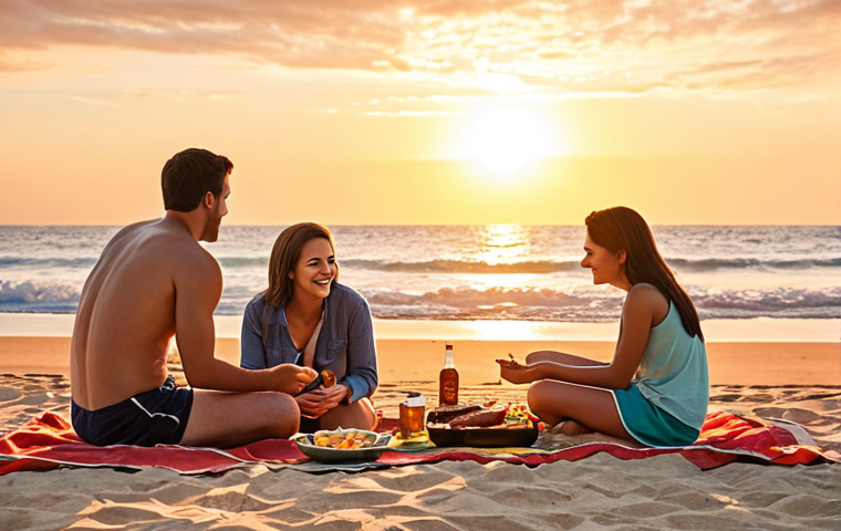 ** A serene beach picnic scene at sunset, showcasing a family enjoying a simple BBQ. Volleyball is being played in the background, capturing a memorable and picturesque experience. Warm, inviting colors should dominate.
**