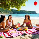 **

A vibrant picnic scene with colorful blankets, cushions, balloons, and flowers. Focus on delicious, homemade food like salads, pastries, and cupcakes. People are laughing and enjoying games like beach volleyball. The overall atmosphere is joyful and creative. Capture the essence of a personally styled picnic reflecting individual taste.

**