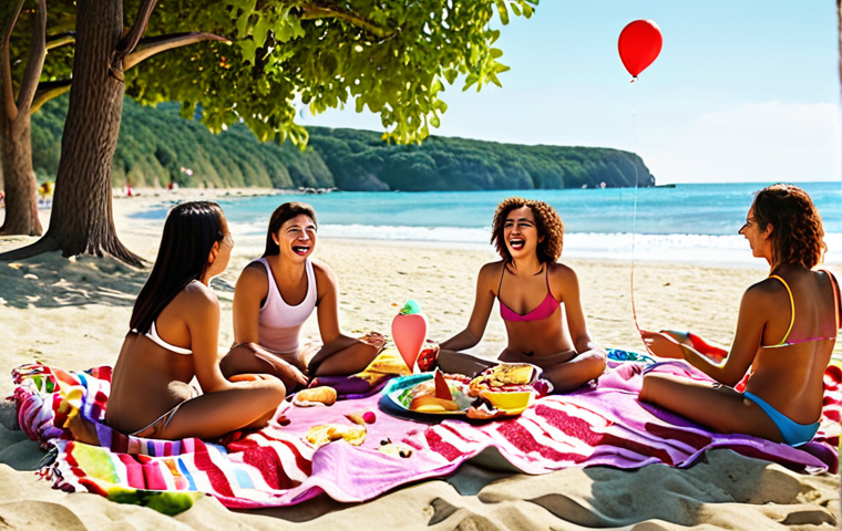 **
A vibrant picnic scene with colorful blankets, cushions, balloons, and flowers. Focus on delicious, homemade food like salads, pastries, and cupcakes. People are laughing and enjoying games like beach volleyball. The overall atmosphere is joyful and creative. Capture the essence of a personally styled picnic reflecting individual taste.
**