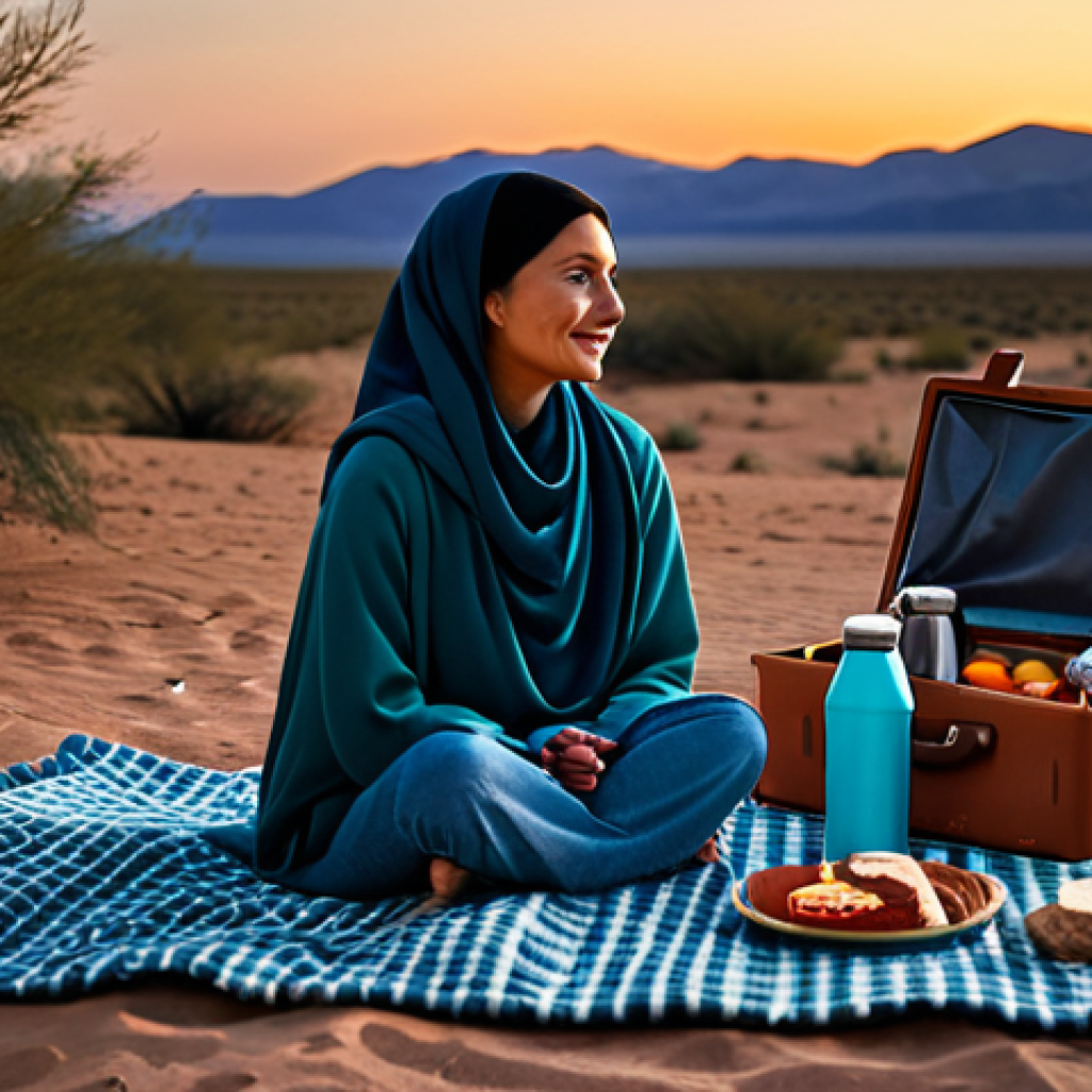 A person, fully clothed in modest, comfortable outdoor attire, sitting peacefully on an elegant picnic mat under a vast, clear night sky, filled with sparkling stars, in a serene natural desert landscape. Soft, warm glow emanates from battery-operated lanterns and delicate fairy lights strung around the comfortable area. Plush floor cushions and a cozy blanket are present. A simple, aesthetically pleasing picnic basket with some closed food containers and a thermos is nearby. The ground is dry and clean. Perfect anatomy, natural pose, correct proportions, well-formed hands, proper finger count, natural body proportions, safe for work, appropriate content, fully clothed, modest clothing, family-friendly, professional photography, high quality, ultra-detailed, cinematic lighting.