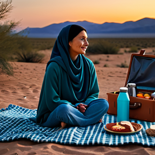 Home 17 A person, fully clothed in modest, comfortable outdoor attire, sitting peacefully on an elegant picnic mat under a vast, clear night sky, filled with sparkling stars, in a serene natural desert landscape. Soft, warm glow emanates from battery-operated lanterns and delicate fairy lights strung around the comfortable area. Plush floor cushions and a cozy blanket are present. A simple, aesthetically pleasing picnic basket with some closed food containers and a thermos is nearby. The ground is dry and clean. Perfect anatomy, natural pose, correct proportions, well-formed hands, proper finger count, natural body proportions, safe for work, appropriate content, fully clothed, modest clothing, family-friendly, professional photography, high quality, ultra-detailed, cinematic lighting.