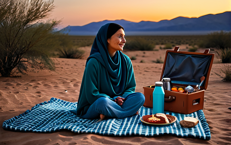 A person, fully clothed in modest, comfortable outdoor attire, sitting peacefully on an elegant picnic mat under a vast, clear night sky, filled with sparkling stars, in a serene natural desert landscape. Soft, warm glow emanates from battery-operated lanterns and delicate fairy lights strung around the comfortable area. Plush floor cushions and a cozy blanket are present. A simple, aesthetically pleasing picnic basket with some closed food containers and a thermos is nearby. The ground is dry and clean. Perfect anatomy, natural pose, correct proportions, well-formed hands, proper finger count, natural body proportions, safe for work, appropriate content, fully clothed, modest clothing, family-friendly, professional photography, high quality, ultra-detailed, cinematic lighting.