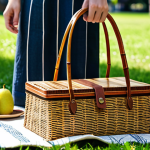 A close-up shot of a meticulously crafted, unique handmade picnic bag made from organic linen and woven bamboo accents, resting on a soft picnic blanket in a sun-dappled park. The bag features intricate stitching and elegant, practical compartments, showcasing exceptional artisanal quality. In the background, a person, fully clothed in modest, comfortable attire, is gently reaching towards the bag, highlighting appreciation for its craftsmanship. Perfect anatomy, correct proportions, natural pose, well-formed hands, proper finger count, natural body proportions. Professional photography, high resolution, soft natural lighting, serene atmosphere. Safe for work, appropriate content, fully clothed, professional, family-friendly.