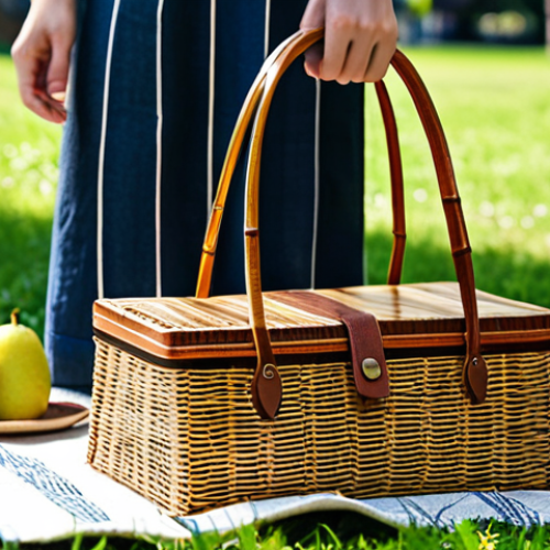 Home 8 A close-up shot of a meticulously crafted, unique handmade picnic bag made from organic linen and woven bamboo accents, resting on a soft picnic blanket in a sun-dappled park. The bag features intricate stitching and elegant, practical compartments, showcasing exceptional artisanal quality. In the background, a person, fully clothed in modest, comfortable attire, is gently reaching towards the bag, highlighting appreciation for its craftsmanship. Perfect anatomy, correct proportions, natural pose, well-formed hands, proper finger count, natural body proportions. Professional photography, high resolution, soft natural lighting, serene atmosphere. Safe for work, appropriate content, fully clothed, professional, family-friendly.