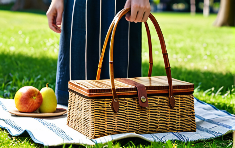 A close-up shot of a meticulously crafted, unique handmade picnic bag made from organic linen and woven bamboo accents, resting on a soft picnic blanket in a sun-dappled park. The bag features intricate stitching and elegant, practical compartments, showcasing exceptional artisanal quality. In the background, a person, fully clothed in modest, comfortable attire, is gently reaching towards the bag, highlighting appreciation for its craftsmanship. Perfect anatomy, correct proportions, natural pose, well-formed hands, proper finger count, natural body proportions. Professional photography, high resolution, soft natural lighting, serene atmosphere. Safe for work, appropriate content, fully clothed, professional, family-friendly.